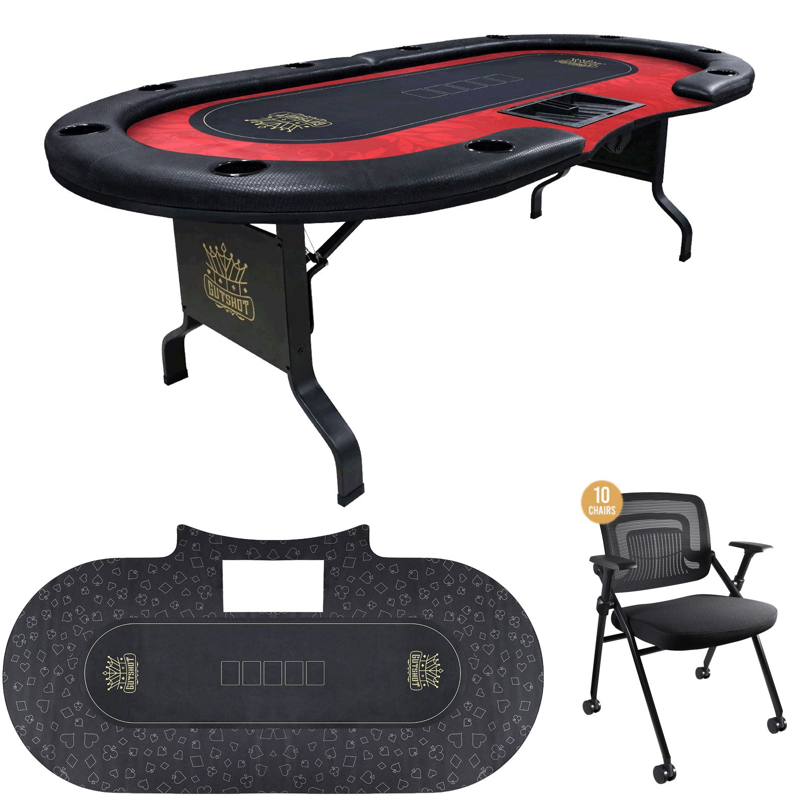 Casino Style Folding 10 Player Poker Table + 10 Folding Poker Chairs + 1 Extra Mat